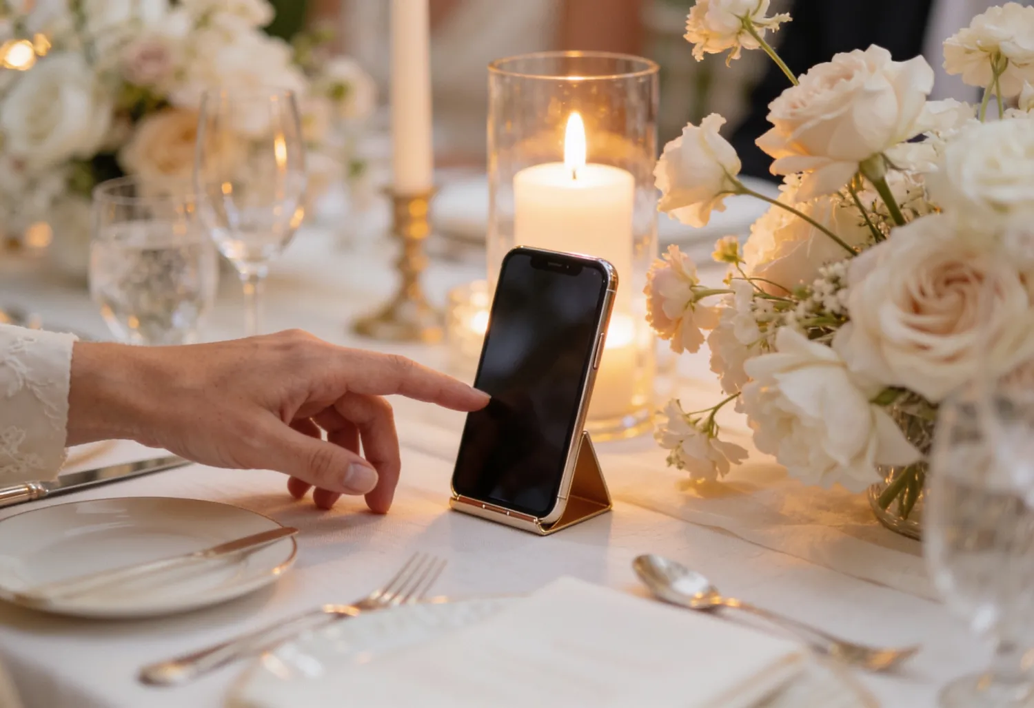 Gast tippt auf ein Smartphone an einem festlich gedeckten Hochzeitstisch mit Kerzen und Rosen