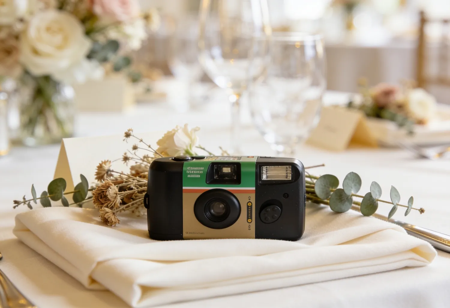 Analoge Einwegkamera auf einem Hochzeitstisch neben Blumen und einer Tischkarte