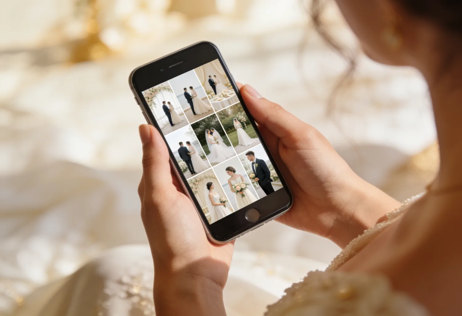 Smartphone zeigt eine Galerie mit vielen Hochzeitsfotos