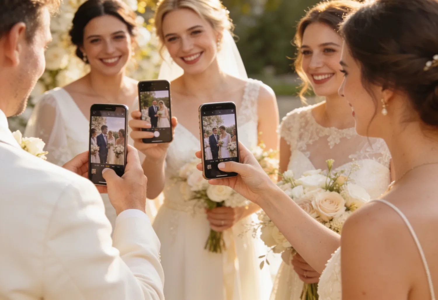 Hochzeitsgäste zeigen sich gegenseitig Fotos auf ihren Smartphones im Freien
