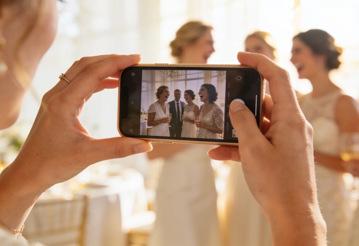 Ein Gast fotografiert lachende Hochzeitsgäste mit dem Smartphone