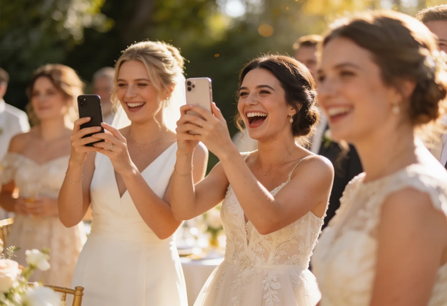 Hochzeitsgäste lachen und fotografieren mit dem Smartphone auf einer Gartenfeier