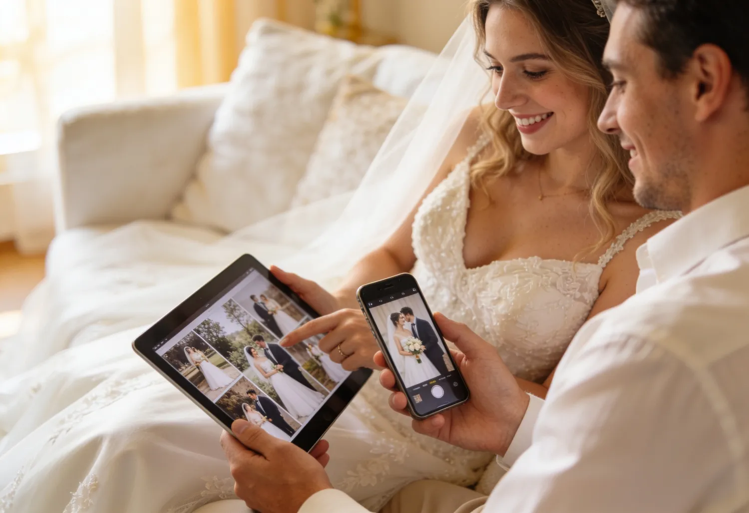 Brautpaar betrachtet nach der Hochzeit gemeinsam die Gästefotos