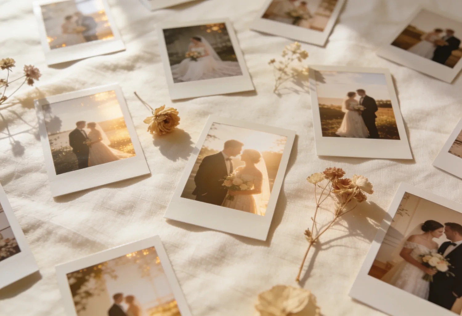 Ausgebreitete Polaroidfotos vom Hochzeitstag mit getrockneten Blumen auf hellem Stoff