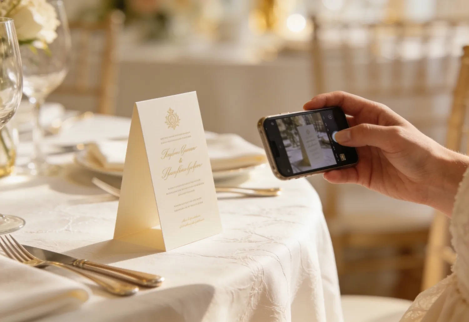 Gast scannt eine Menükarte auf dem gedeckten Hochzeitstisch mit dem Smartphone