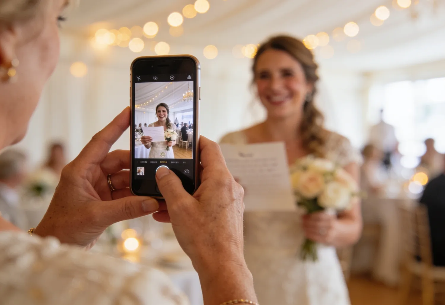 Ältere Frau fotografiert die Braut mit dem Smartphone in einem festlich dekorierten Saal