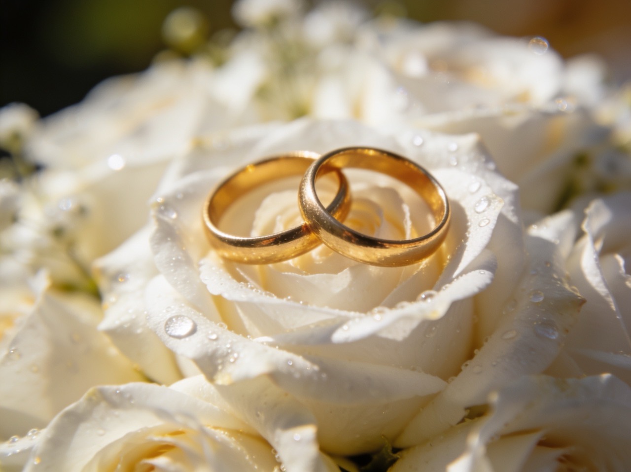 Zwei goldene Eheringe auf einer weißen Rose