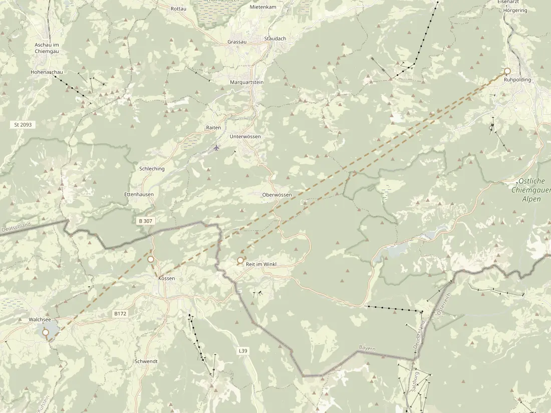 Karte der Reiseroute durch die Chiemgauer Alpen mit den vier besuchten Orten